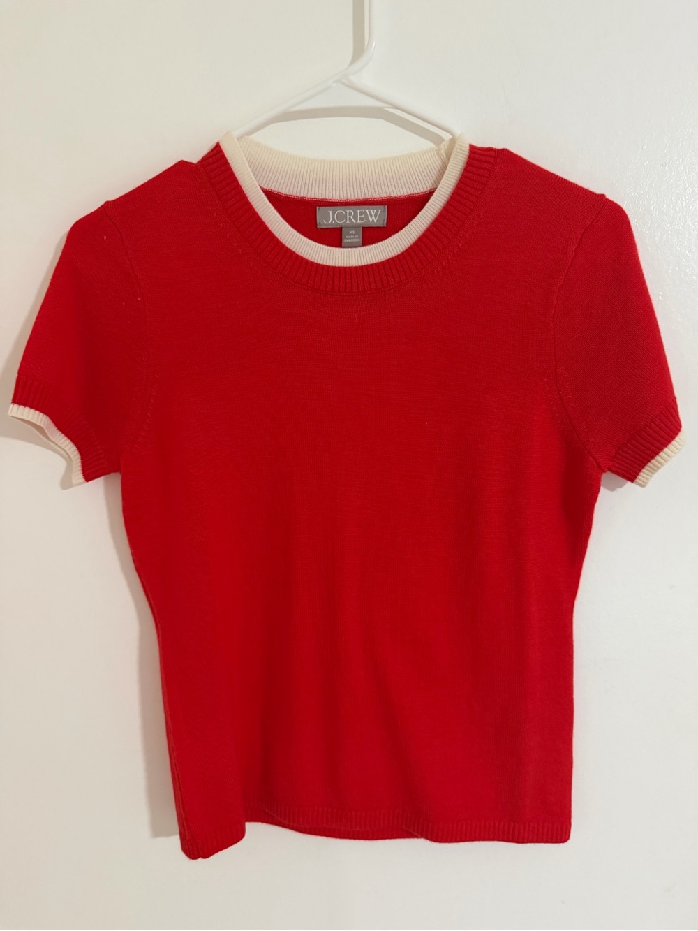 J. Crew Red Short-Sleeve Knit Top with Cream Trim